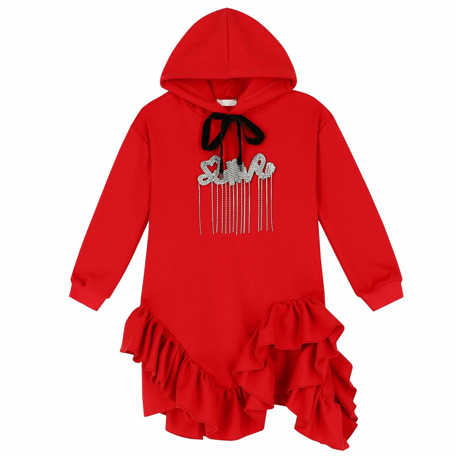 Girls Red Embellished Hooded Dress, 1, hi-res image number null
