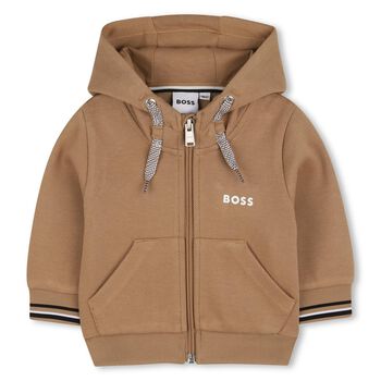 Younger Boys Beige Logo Hooded Zip Up Top