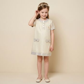 Younger Girls Ivory & Gold Logo Dress