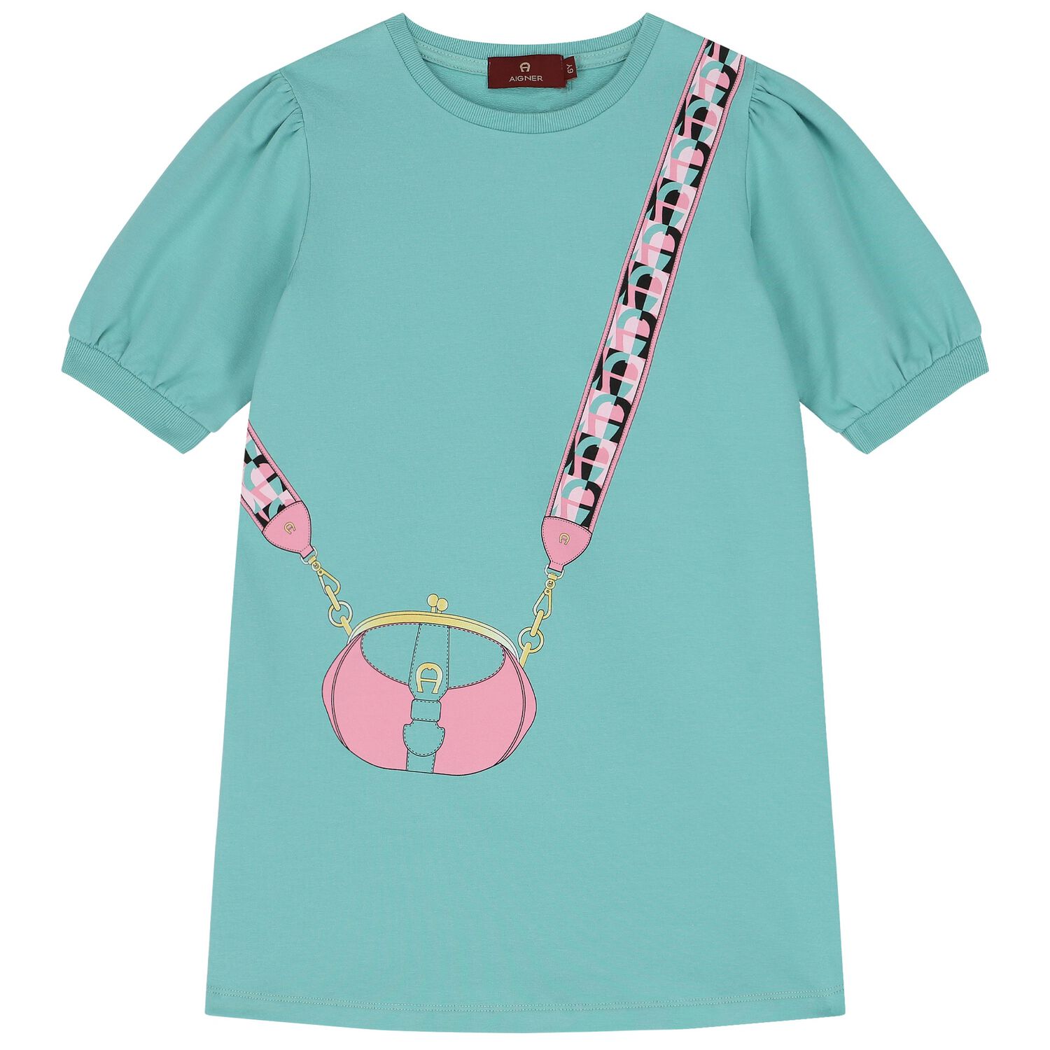 فستان بالشعار بطبعة حقيبة باللون الأخضر , 1, hi-res