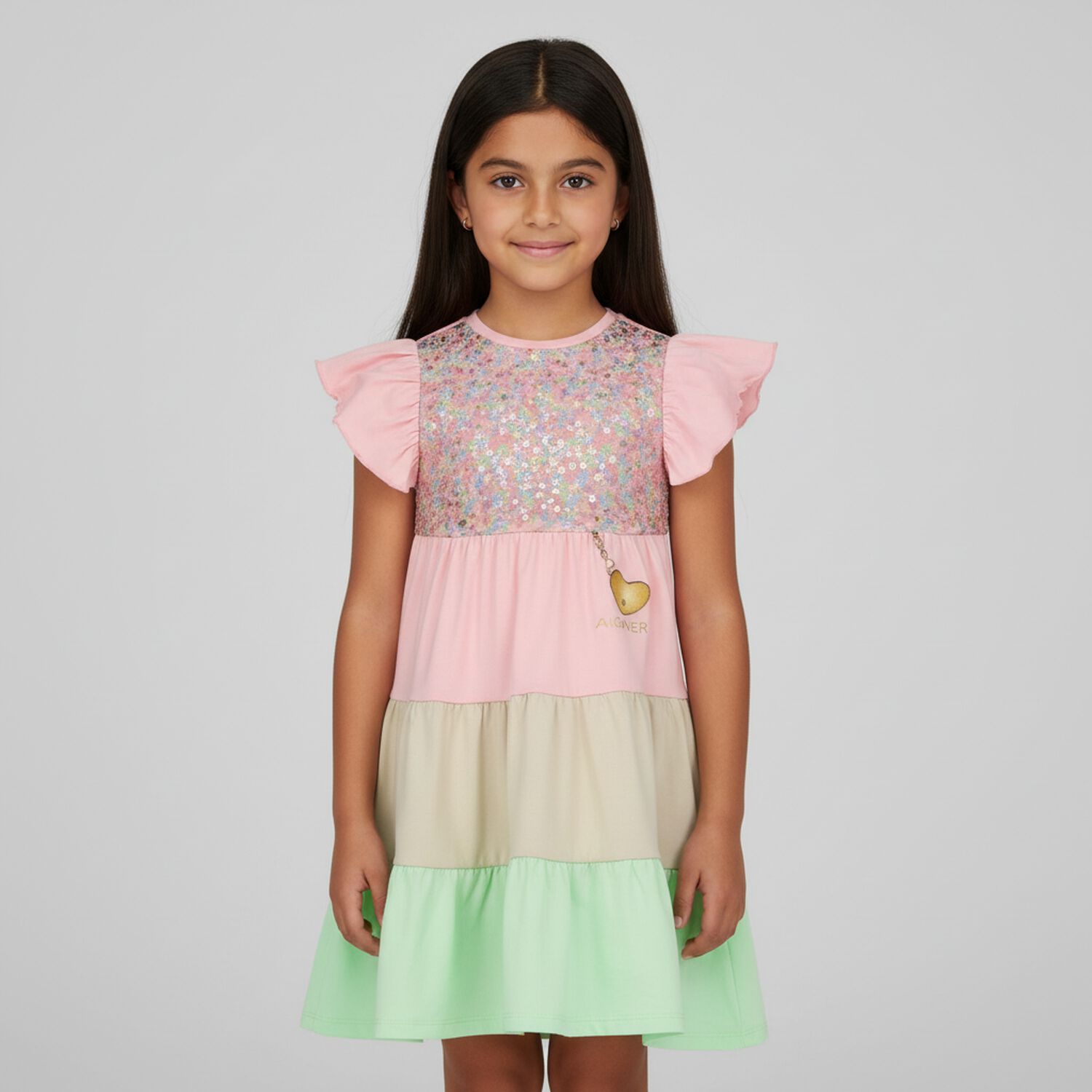 Girls Pink & Green Embellished Dress, 1, hi-res image number null