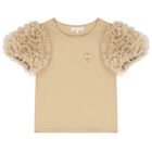 Girls Beige Tulle Sleeve T-Shirt, 2, hi-res