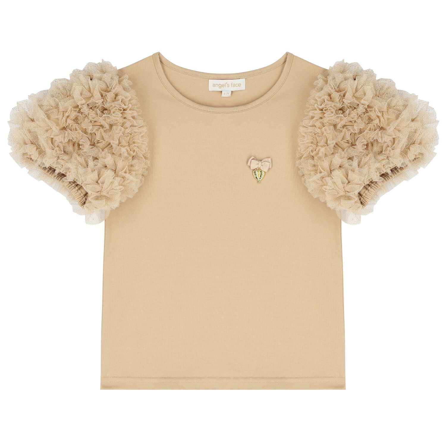 Girls Beige Tulle Sleeve T-Shirt, 2, hi-res image number null