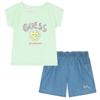 Girls Green & Blue Logo Shorts Set