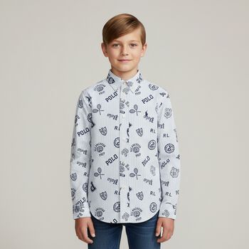 Boys Blue & White Striped Logo Shirt