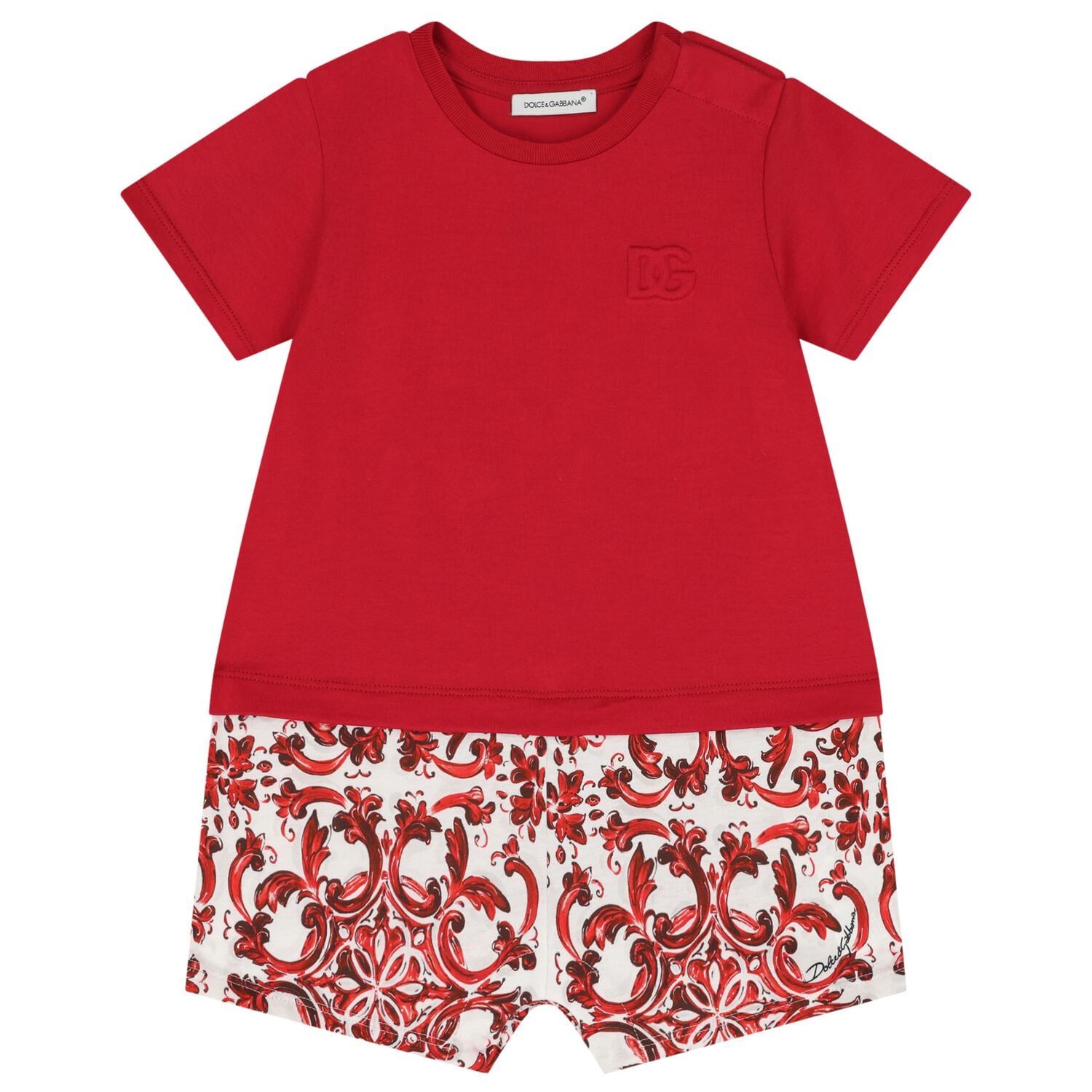 Baby Boys Red & White Logo Majolica Romper, 1, hi-res