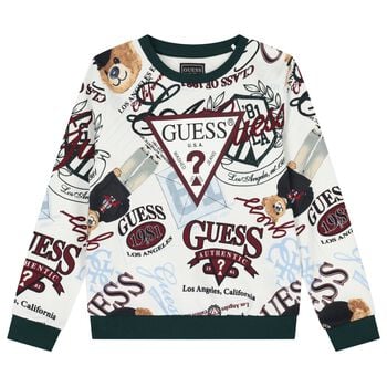 Boys White & Green Teddy Bear Logo Sweatshirt