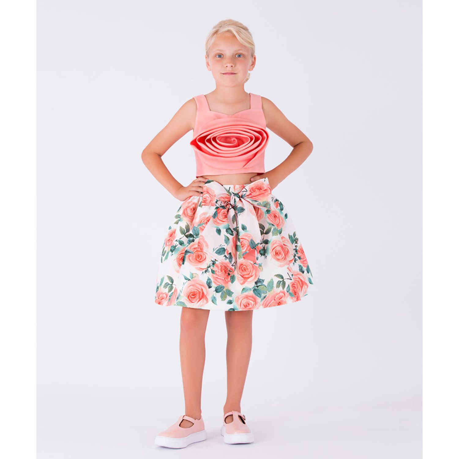 طقم تنورة ساتان باللون المرجاني والوردي و  الأبيض للبنات, 1, hi-res image number null