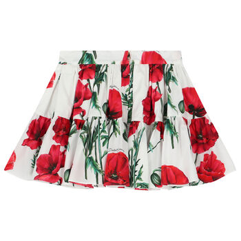 Girls White & Red Poppy Skirt