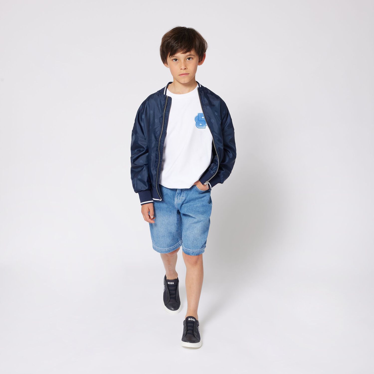 Boys Navy Blue Logo Trainers, 1, hi-res