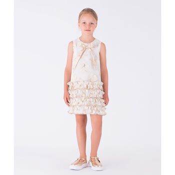 Girls Ivory & Gold Organza Jacquard Dress
