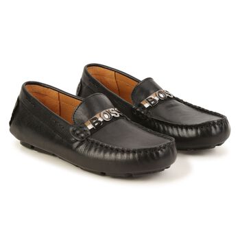 Boys Black Logo Moccasins