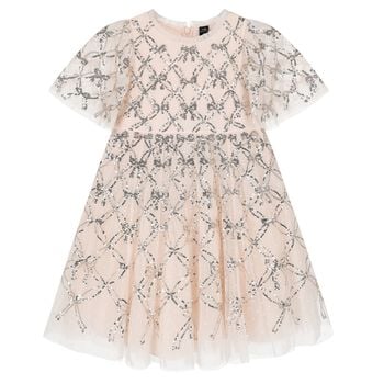 Girls Pink Bow Lattice Sequin Tulle Dress