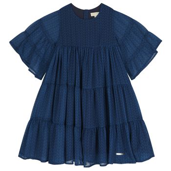 Girls Navy Blue Logo Tiered Dress