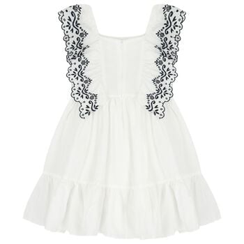 Girls White & Navy Blue Embroidered Ruffles Dress