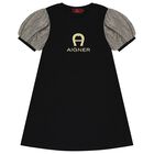 Girls Black & Gold Logo Dress, 1, hi-res
