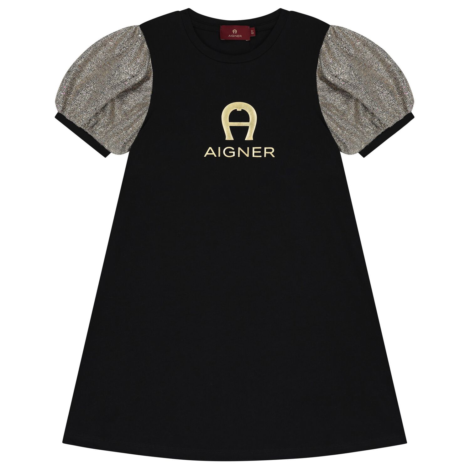 Girls Black & Gold Logo Dress, 1, hi-res
