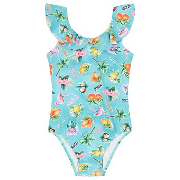 Girls Green Ruffled Swimsuit