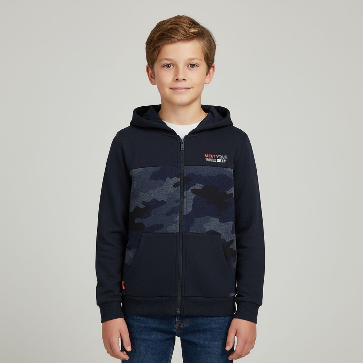 Boys Navy Camouflaged Zip Up Top, 1, hi-res image number null