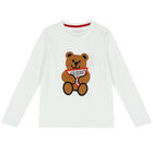 Boys White Teddy Logo Long Sleeve Top, 1, hi-res