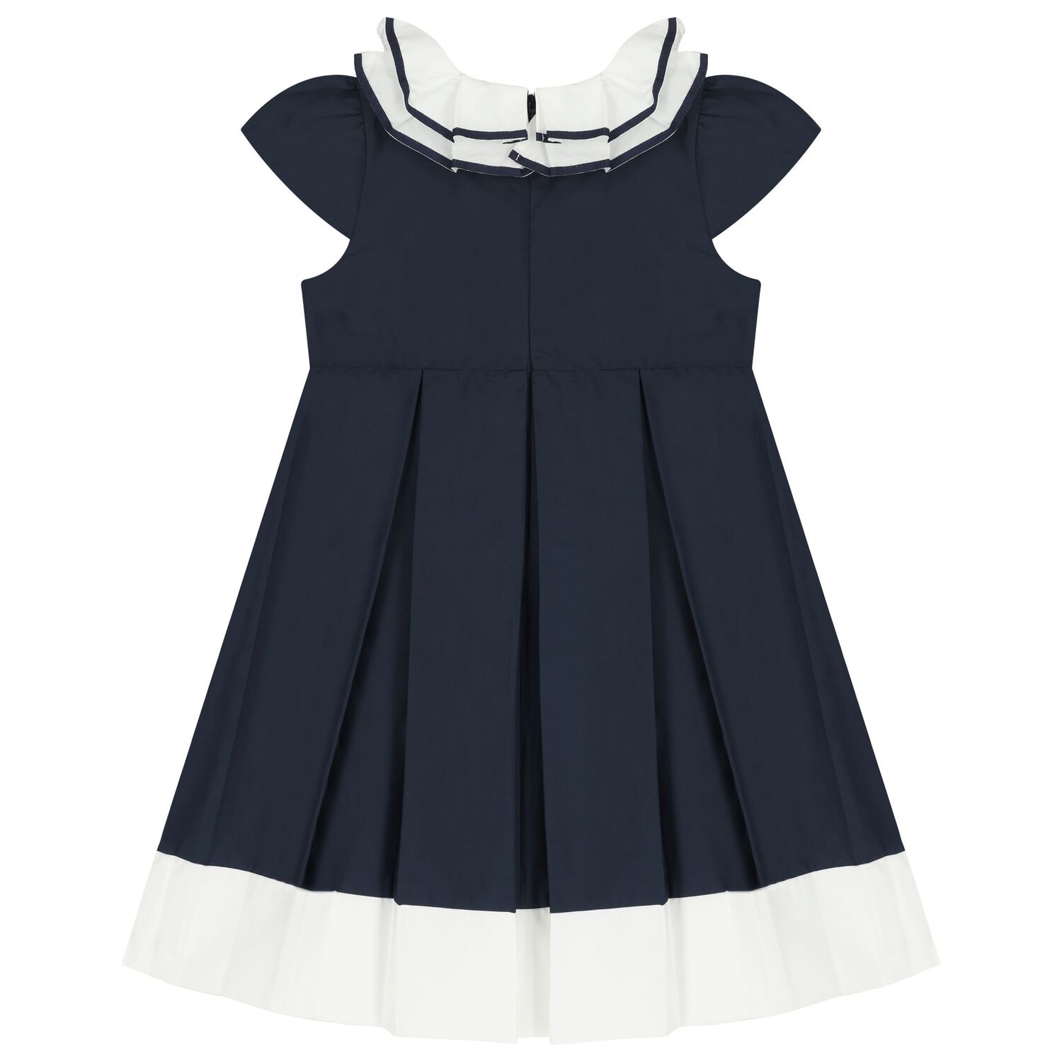 Girls Navy Blue Ruffled Collar Pleated Dress, 1, hi-res