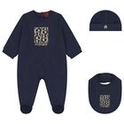 Baby Boys Navy Blue & Gold Babygrow, Hat & Bib Gift Set, 1, hi-res