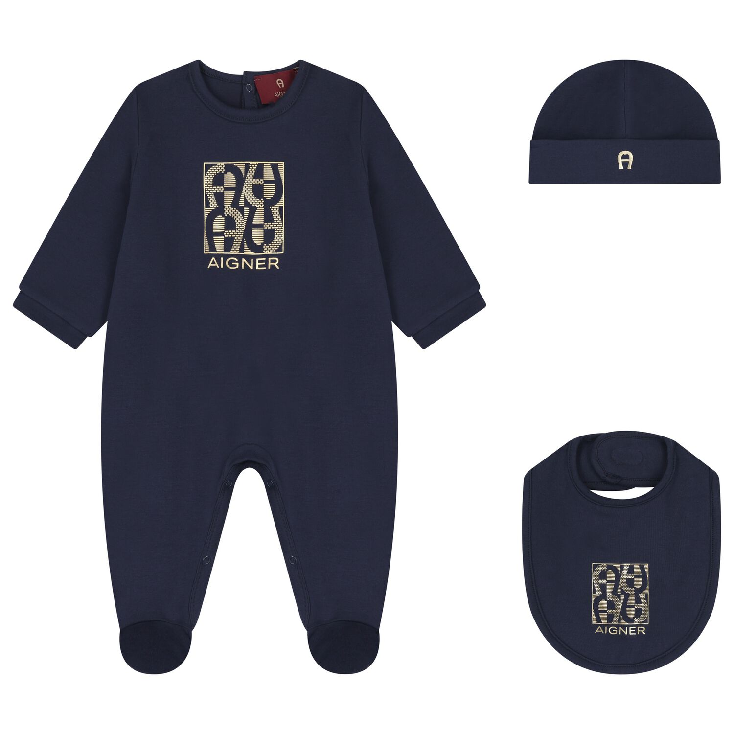 Baby Boys Navy Blue & Gold Babygrow, Hat & Bib Gift Set, 1, hi-res image number null