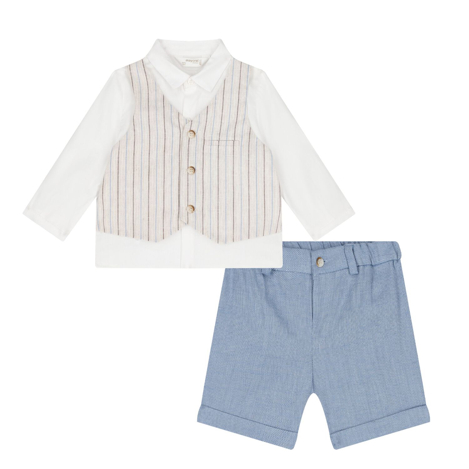Baby Boys Beige, Blue & White Shorts Set, 1, hi-res