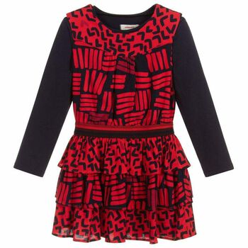 Girls Red & Navy Printed Dress