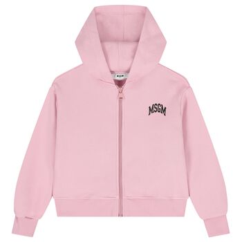 Girls Pink Logo Fleece Hooded Zip Up Top