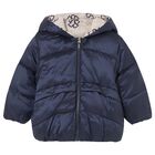 Younger Girls Beige & Navy Blue Reversible Coat, 1, hi-res