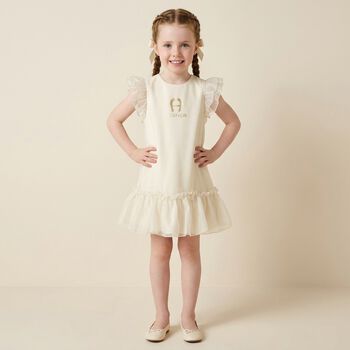Younger Girls Beige & Gold Ruffled Dress