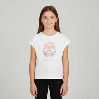 Girls White Flower Logo T-Shirt