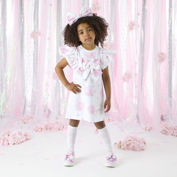 Girls White & Pink Bow Floral Print Dress