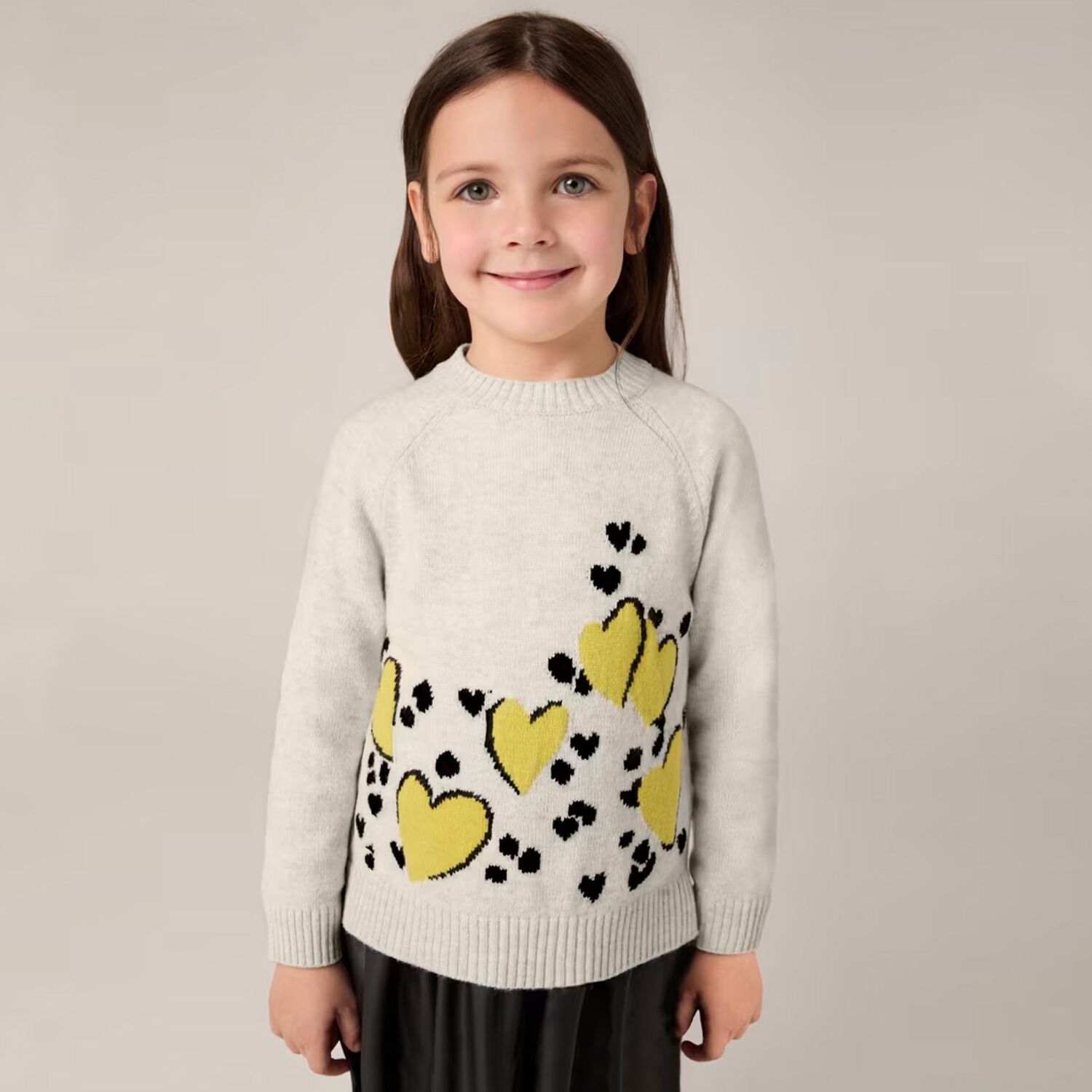 طقم بنات فستان بشعار القلب باللون البيج والأسود, 1, hi-res