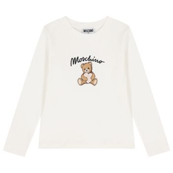 Girls White Teddy Bear Logo Long Sleeve Top