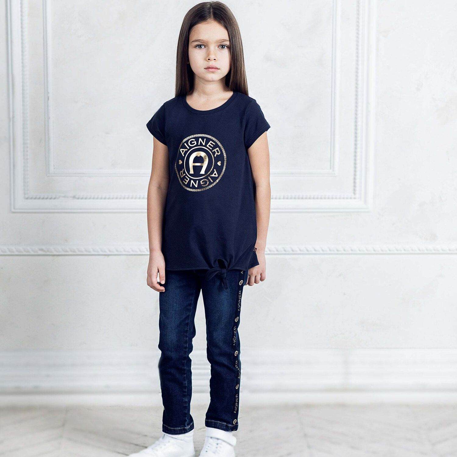Girls Blue & Gold Logo Jeans, 1, hi-res image number null