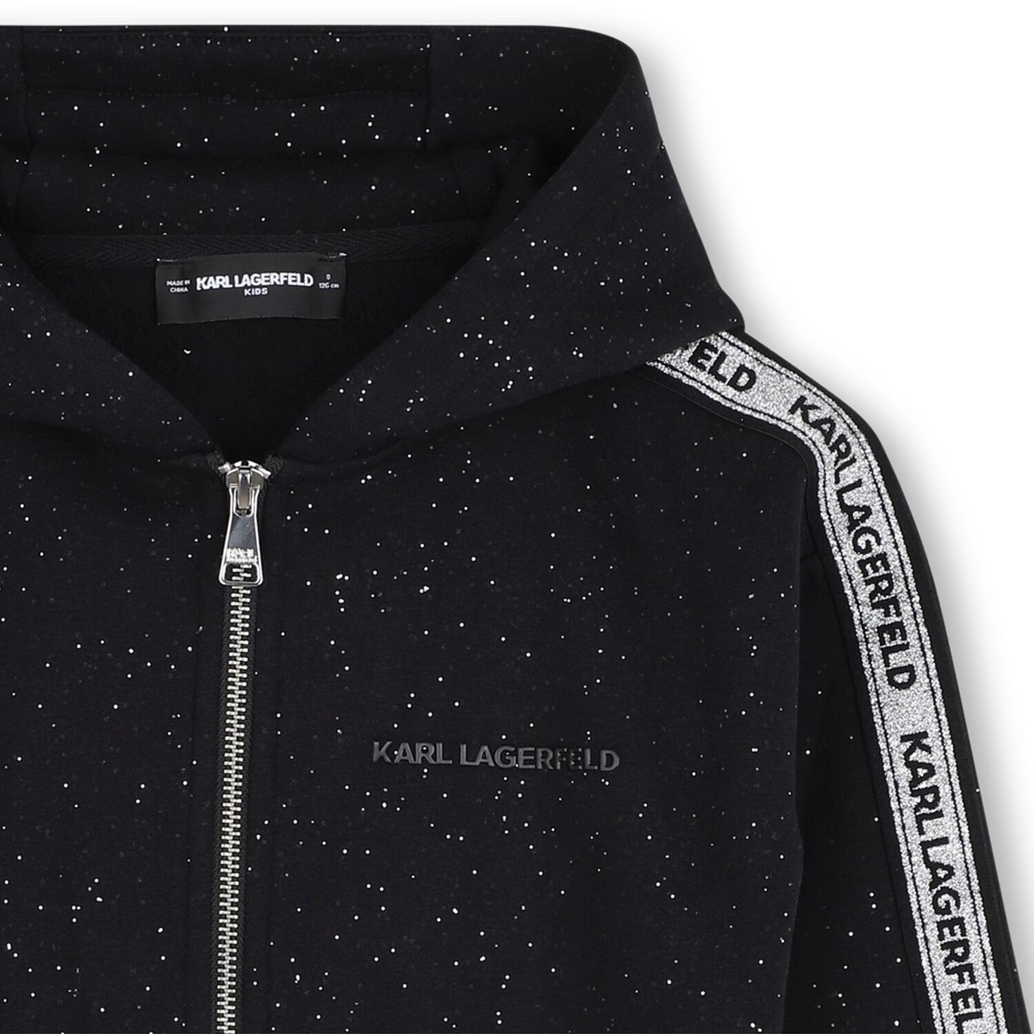 Girls Black Glittery Hooded Zip Up Top, 1, hi-res