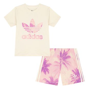 Younger Girls Beige & Pink Logo Shorts Set