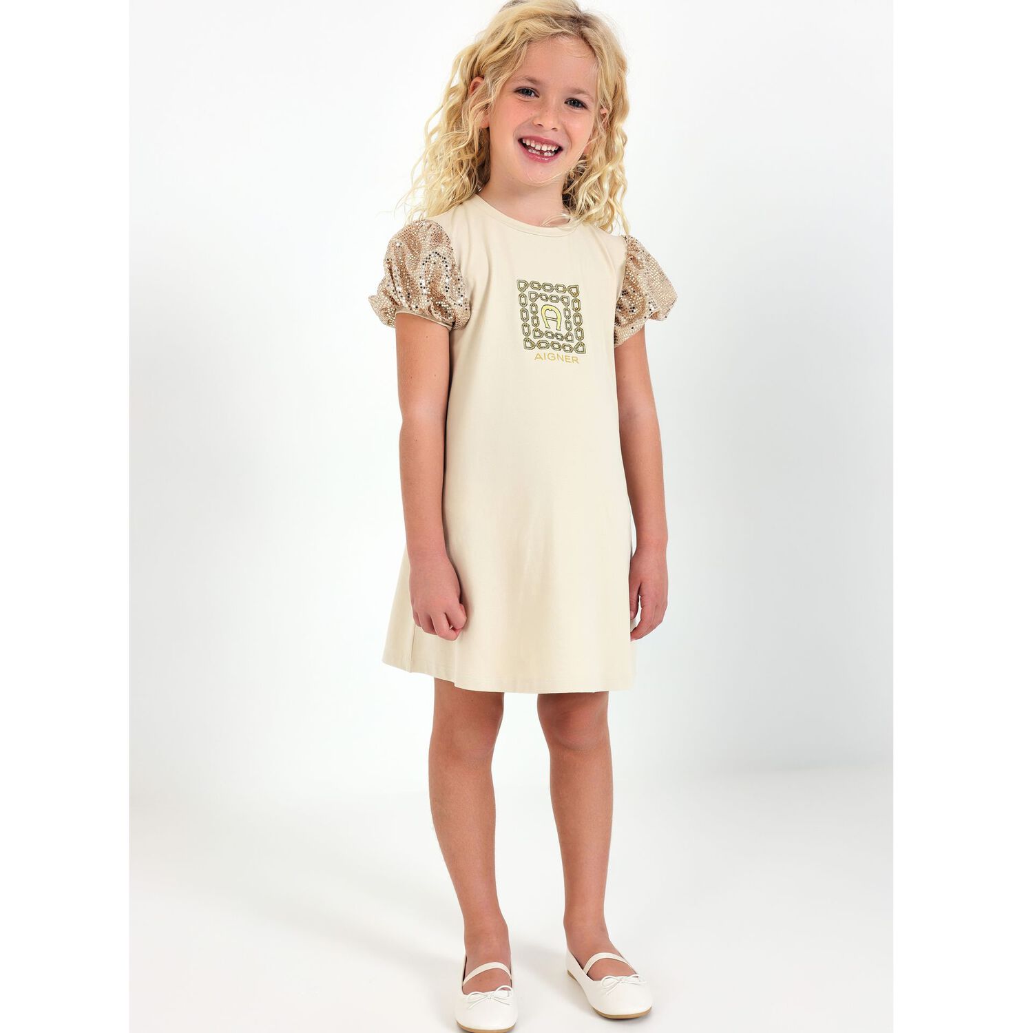 فستان بنات بالشعار باللون البيج والذهبى, 2, hi-res