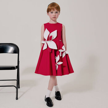 Girls Red & White Satin Floral Dress