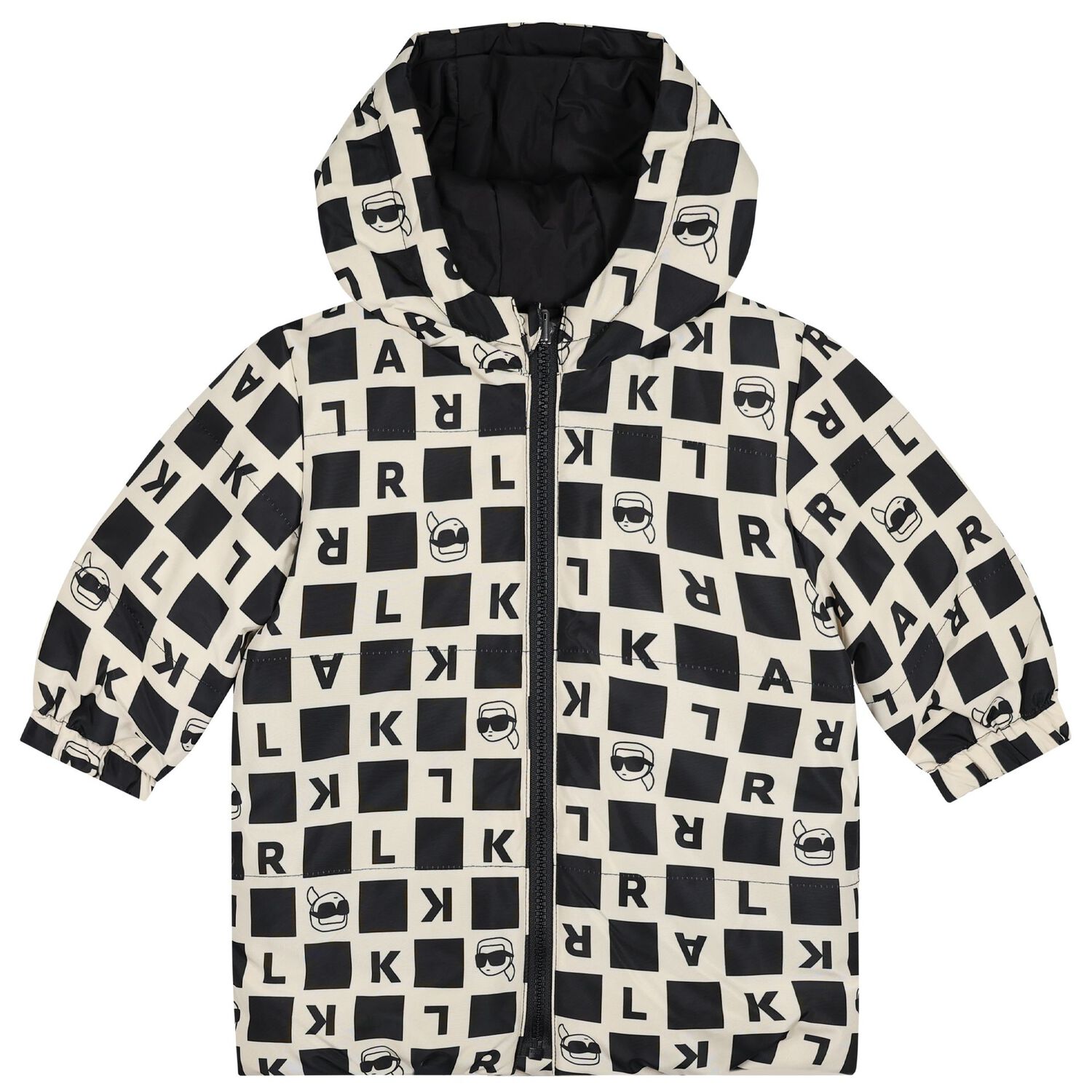 Younger Boys White & Black Ikonik Karl Reversible Puffer Jacket, 1, hi-res
