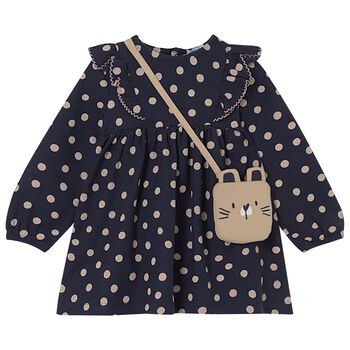 Younger Girls Navy Blue Polka Dots Dress Set