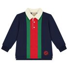 Boys Navy Blue Web Striped Polo Shirt, 1, hi-res
