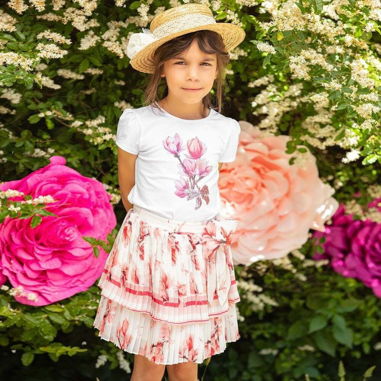 Girls White Floral Chiffon Skirt, 1, hi-res image number null