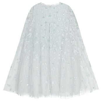 Girls Blue Sequin & Flower Tulle Cape Dress