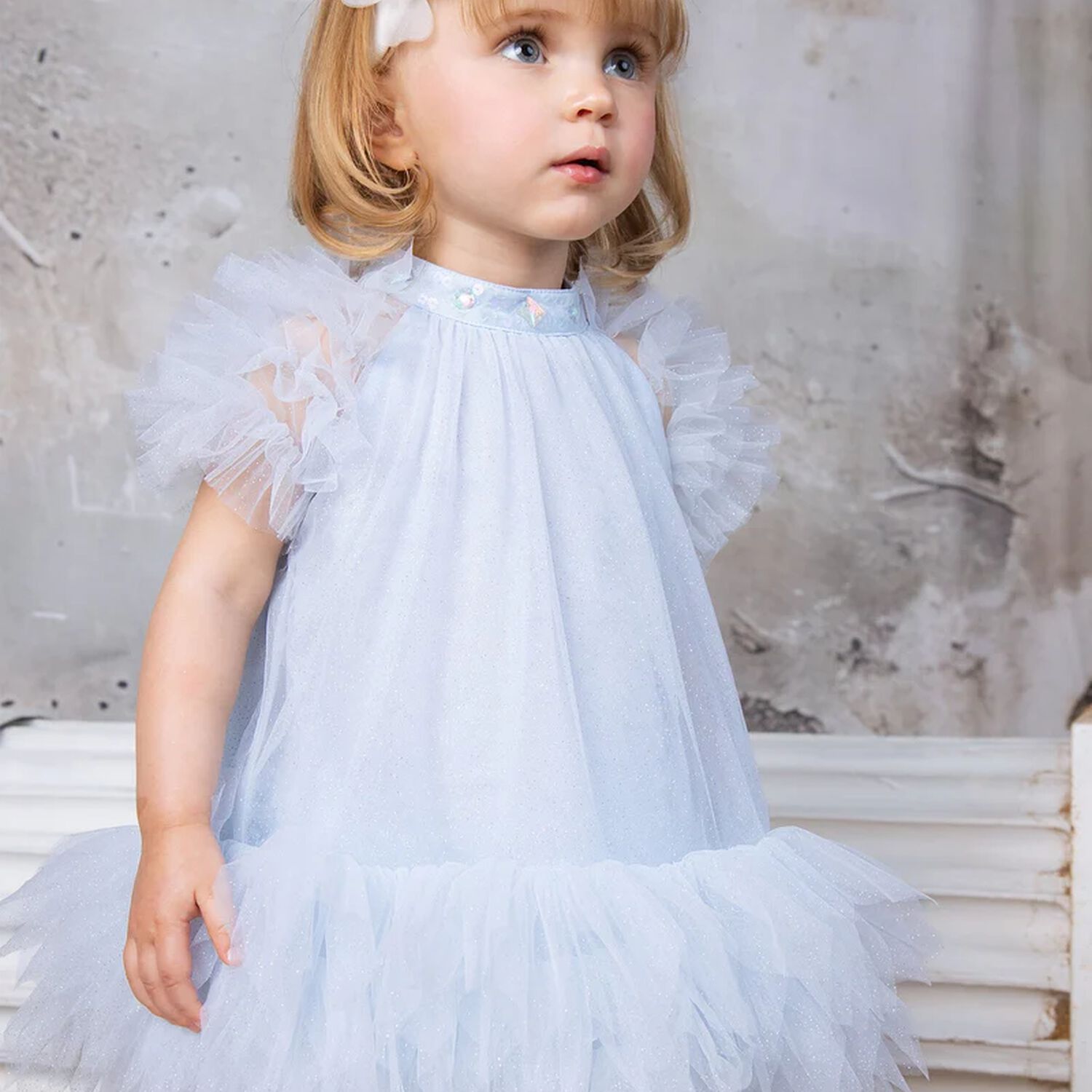 Baby Girls Blue Embellished Tulle Dress Set, 1, hi-res