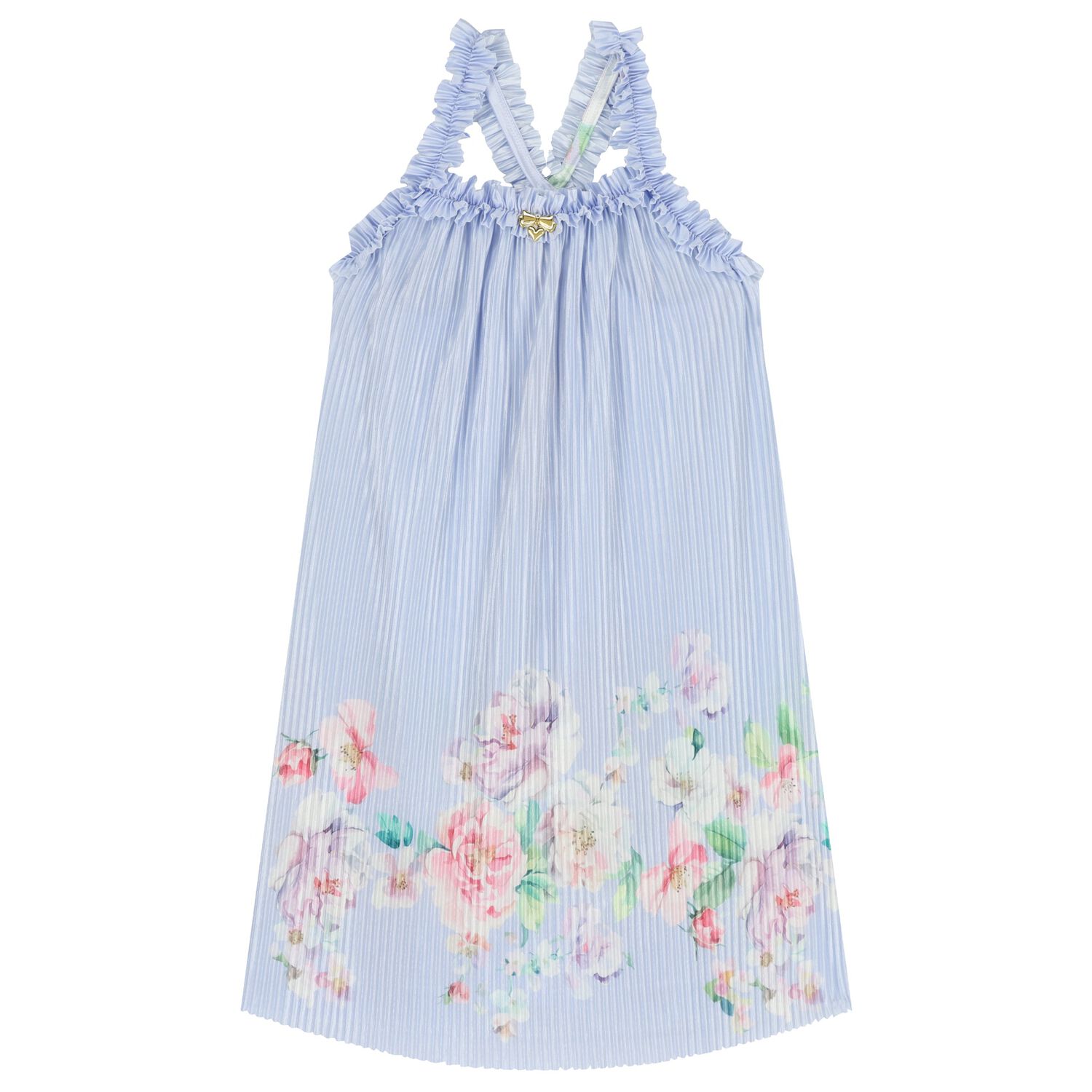 Girls Blue Floral Pleated Dress, 2, hi-res