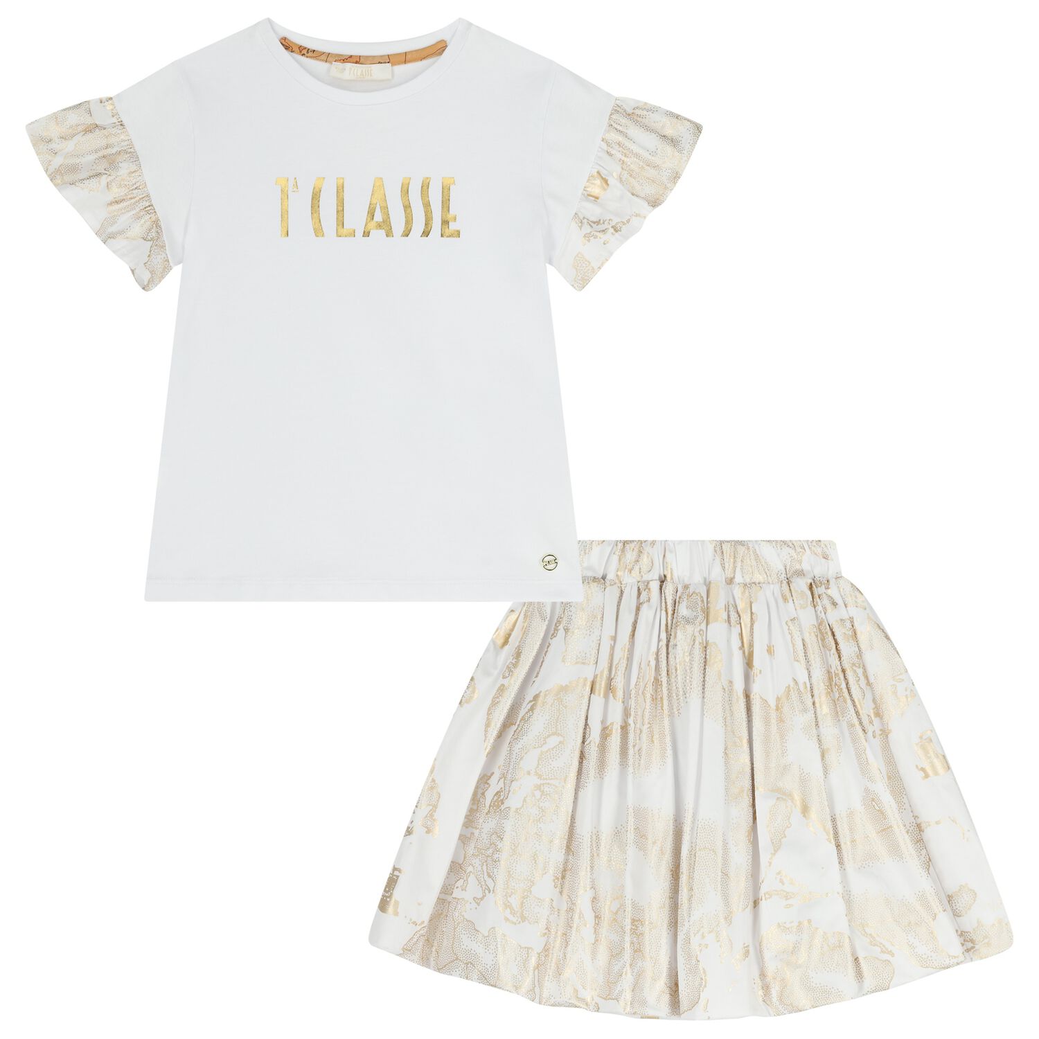 Girls White & Gold Geo Map Skirt Set, 1, hi-res