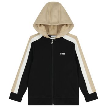 Boys Black Logo Hooded Zip Up Top